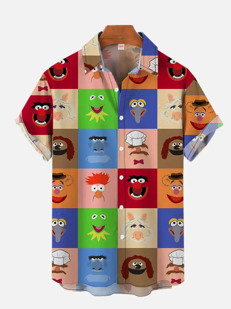 Cartoon Animated Characters Summer Classic Style Patchwork Retro Hawaii Shirt Colorful Geometric Color Print Short Floral Blouse 4