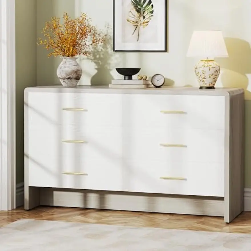 

Dresser for Bedroom with 6 Drawers, 55-Inch Double Wide Chest of Drawers with Gold Handles, Modern Storage Organizer Dresser