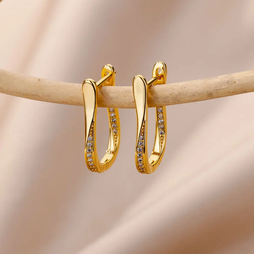 Zircon Round Bead Earrings Stainless Steel Gold Plated Hoop Earring