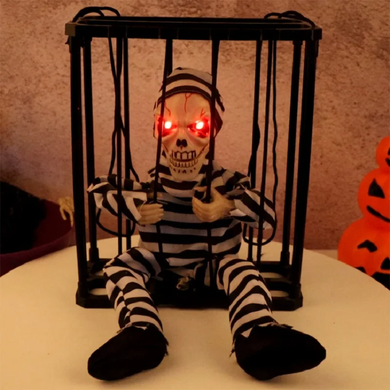 

Halloween Skeleton Death Prisoner Motion Sensor Eyes Glowing Screaming Cage Ghost Scary Halloween Props Party DIY Decorations