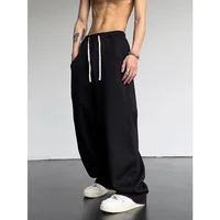 Men's solid color drawstring waist slanted pocket sports pants, pure cotton casual loose pants  sweatpants men pants