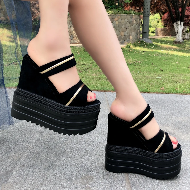 

2024 Flock Women Super High Heels Sexy 14CM Heel Wedges Sandals Thick Bottom Platform Slippers Party Sliders platform sandals