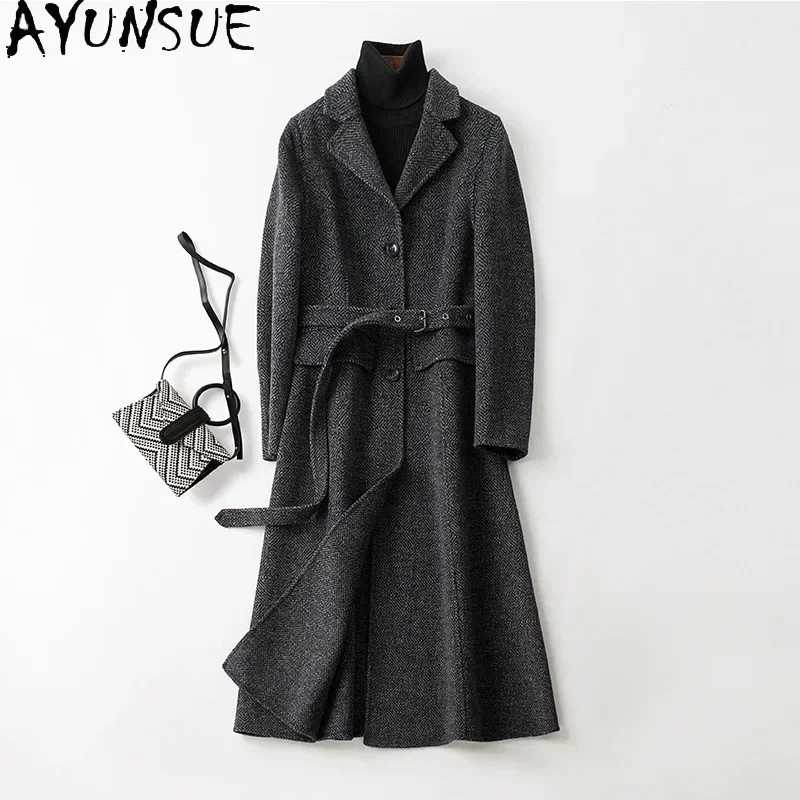 

Elegant AYUNSUE 80% Wool Jackets for Women 2024 Autumn Winter Long Coat Korean Fashion Gray Overcoat Lace-up Abrigos Mujer