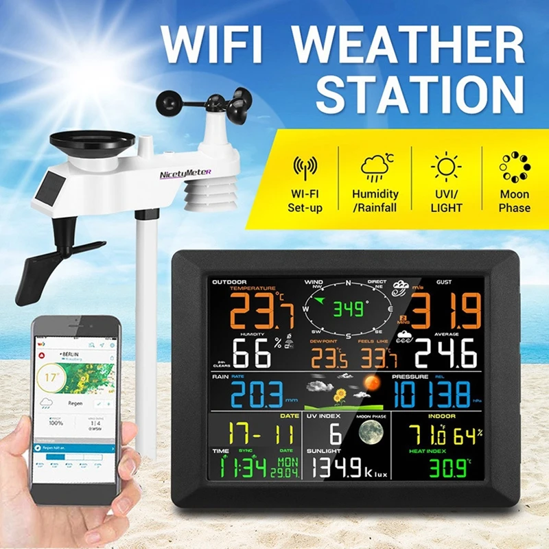 WiFi stazione meteorologica Internet Cloud termometro Wireless igrometro  pioggia indice UV luce solare indicatore di velocità del vento previsioni  meteo - AliExpress