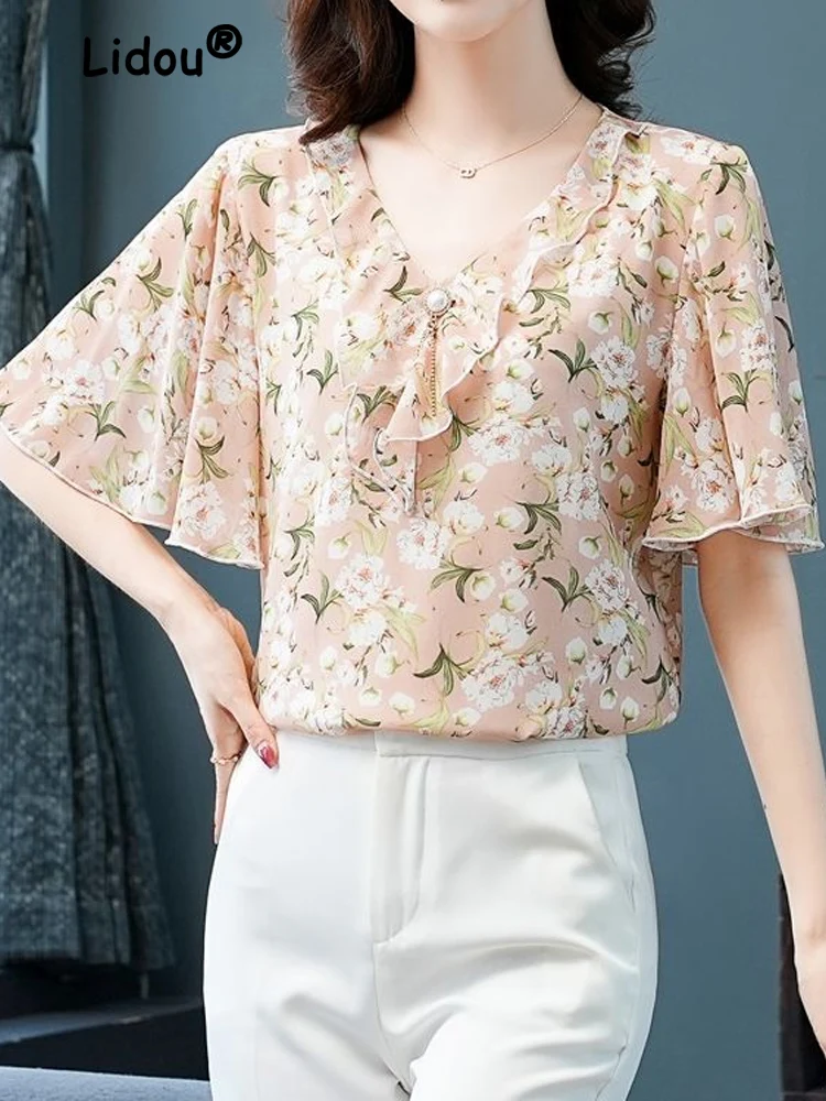 Pffice Elegance V-neck Ruffles Floral All-match Top Women Summer New Short Sleeve Loose Young Temperament Printing Chiffon Shirt 2023 summer new casual fashion daily temperament commuting sling style floral print cowl neck layered ruffles romper for women