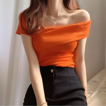 한국의 세련된 틈새 젊은 스타일 슬리밍 오프 넥 노출 쇄골 불규칙한 슬림 핏 짧은 소매 티셔츠 탑 여성 여름