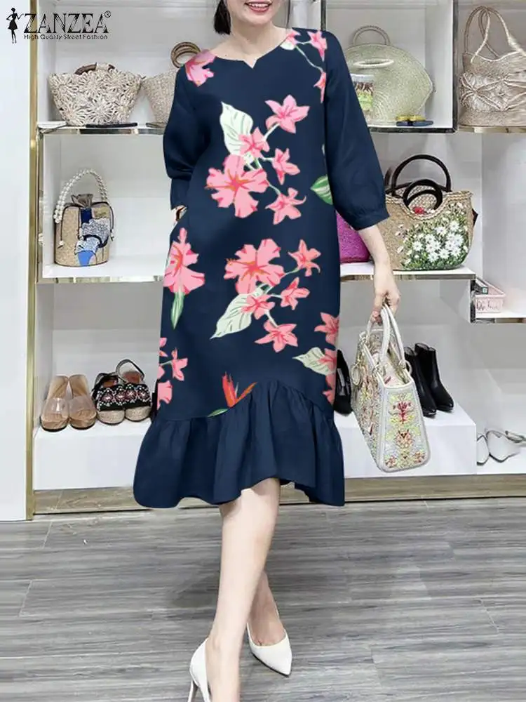 

ZANZEA Women Floral Printing Vestidos 2024 Summer Ruffle Long Dress Pleated Midi Dresses Casual Loose Vintage Long Sleeve Robe