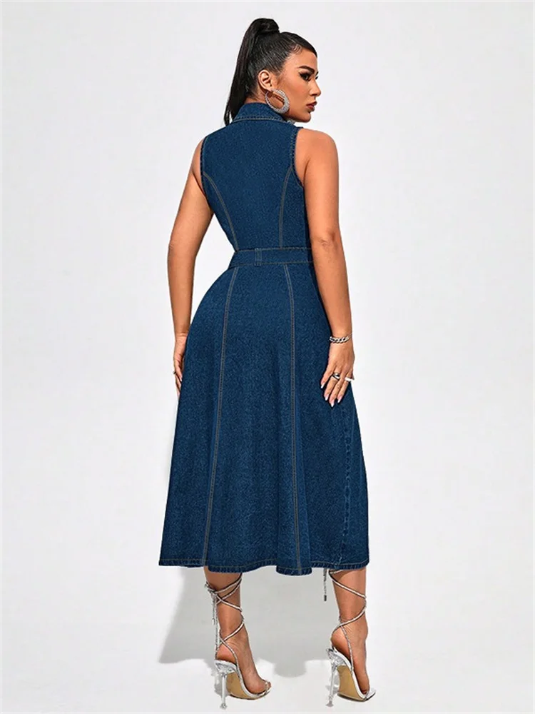 Wmstar Plus Size Denim Dresses Women Clothes Sleeveless Casual Button Pockets Slip Hem Maxi Dress New in Wholesale Dropshipping