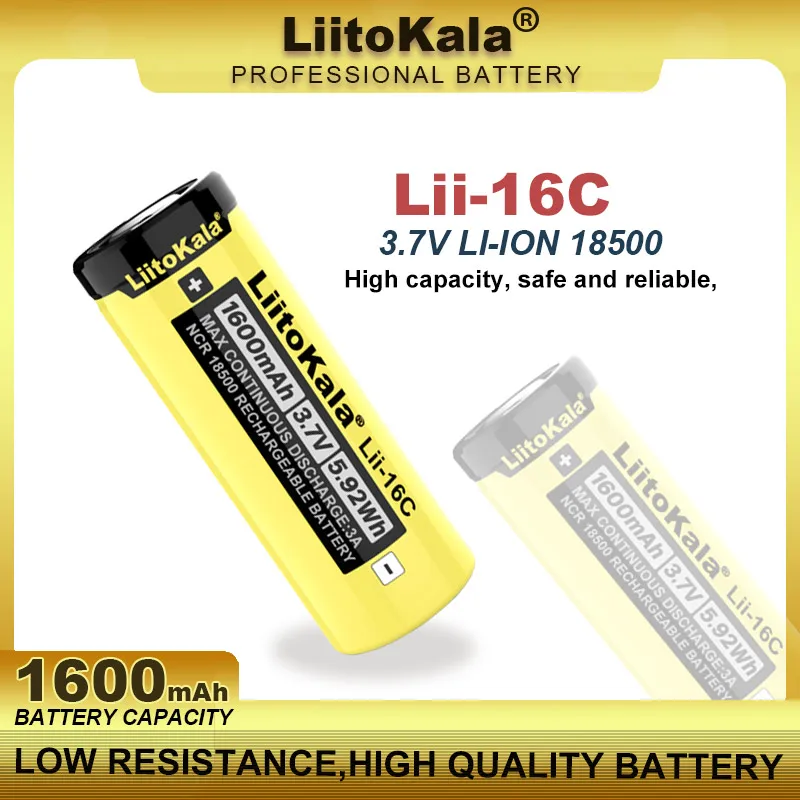 

LiitoKala Lii-16C 18500 1600mAh 3.7V Rechargeable Battery Recarregavel Lithium ion Battery For LED Flashlight