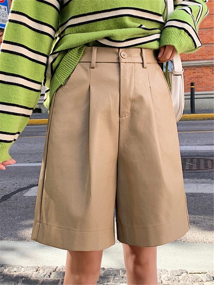 Autumn Winter Green Faux PU Leather Women's Shorts High Waist Wide Leg Pants Vintage Trousers Female Pocket 2022 New