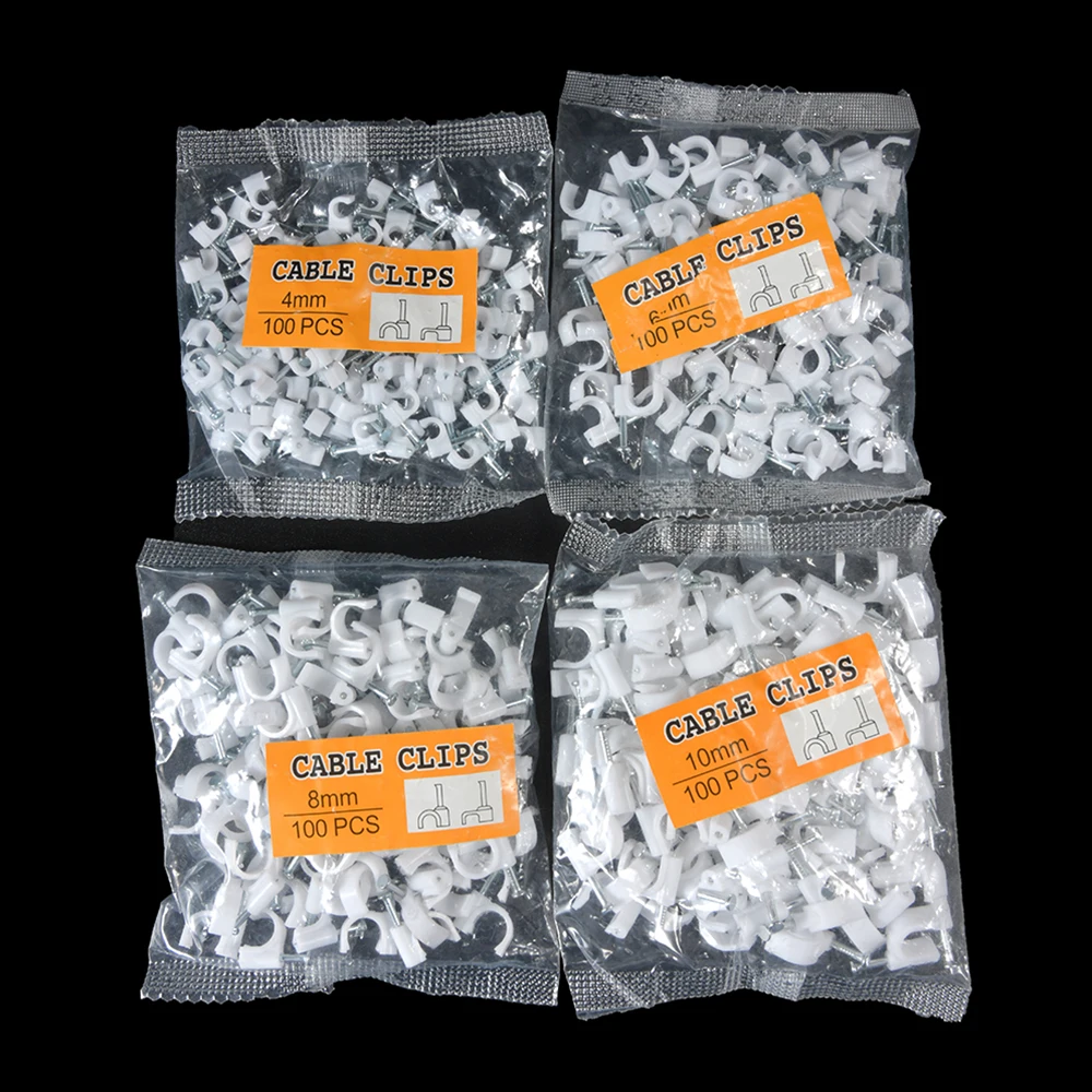 100PCS Round Cable Wire Clips 4mm 6mm 8mm 10mm Cable Management RG6 CAT6 RJ45 Steel Nail Wire Clamp Round Square Type