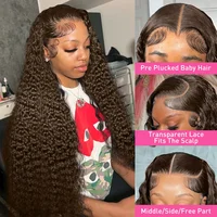 Perruques en cheveux humains bouclés brun chocolat HD pour femmes, perruques frontales en dentelle 13x4 13x6 Deep Wave pré-épilées, cheveux humains brésiliens bruns 3