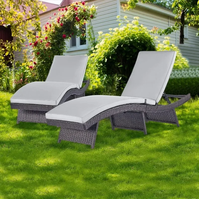 Lounge Chair Set of 2 Outdoor Rattan Sunbathing for Outside Reclining Chair with Cushion Blue S Type Adjustable Backrest Wheels