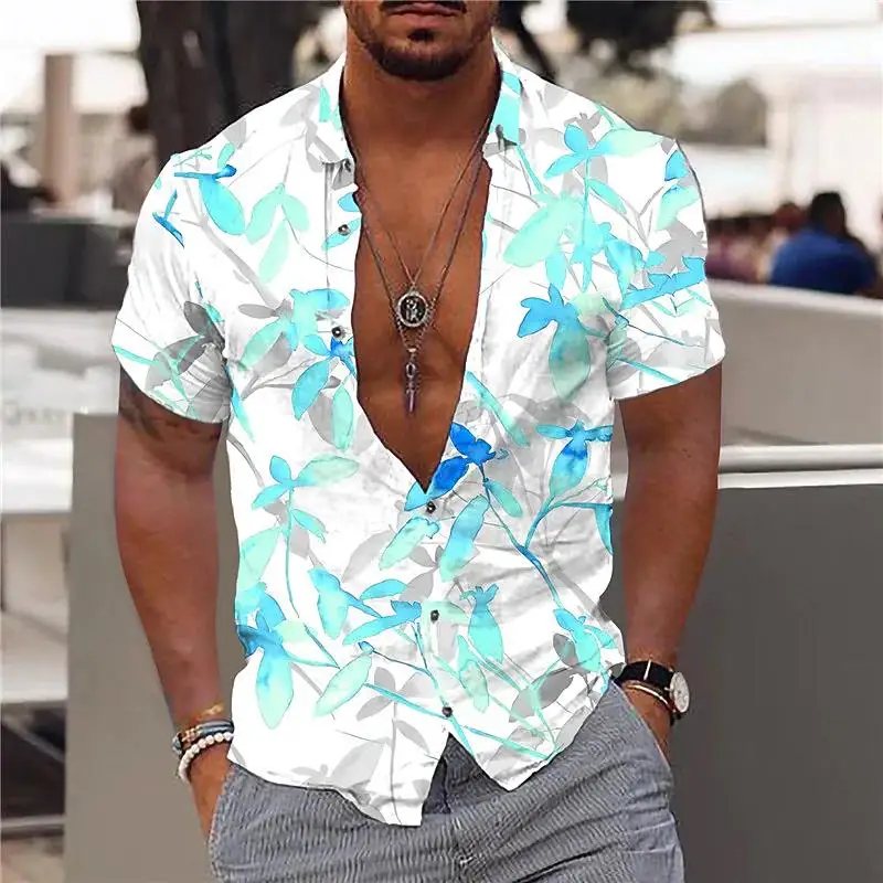 

2023 Summer New Hawaiian Shirts Maple Leaf Print V-neck Shirts for Men Button-up Short Sleeve Tops Streetwear Trend Men Clothes