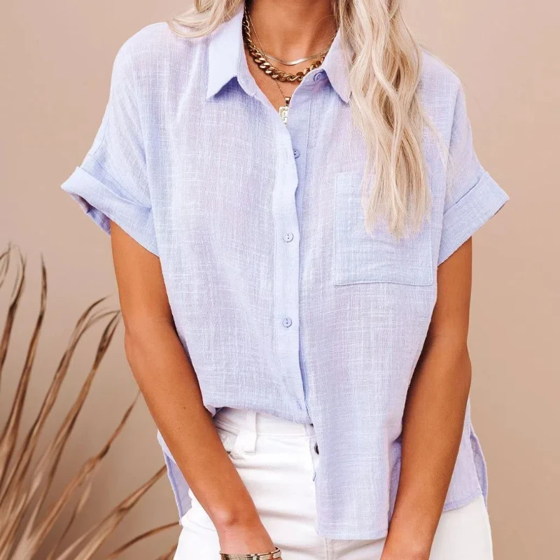 Stylish Solid Color Pocket Lapels Women's Short-sleeved Shirts Elegant Loose Lace-up Cardigans Single-breasted Casual Blouses