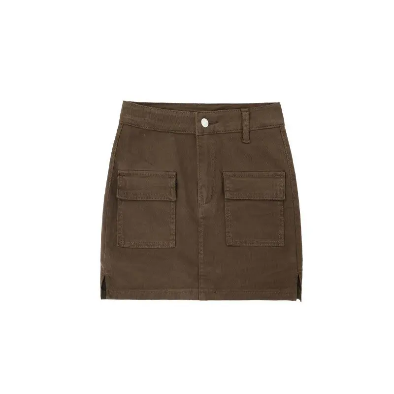 American Retro Coffee Color Mini Skirts Shorts Women Summer New High Waist Slim A-line Denim Short Skirt with Pocket