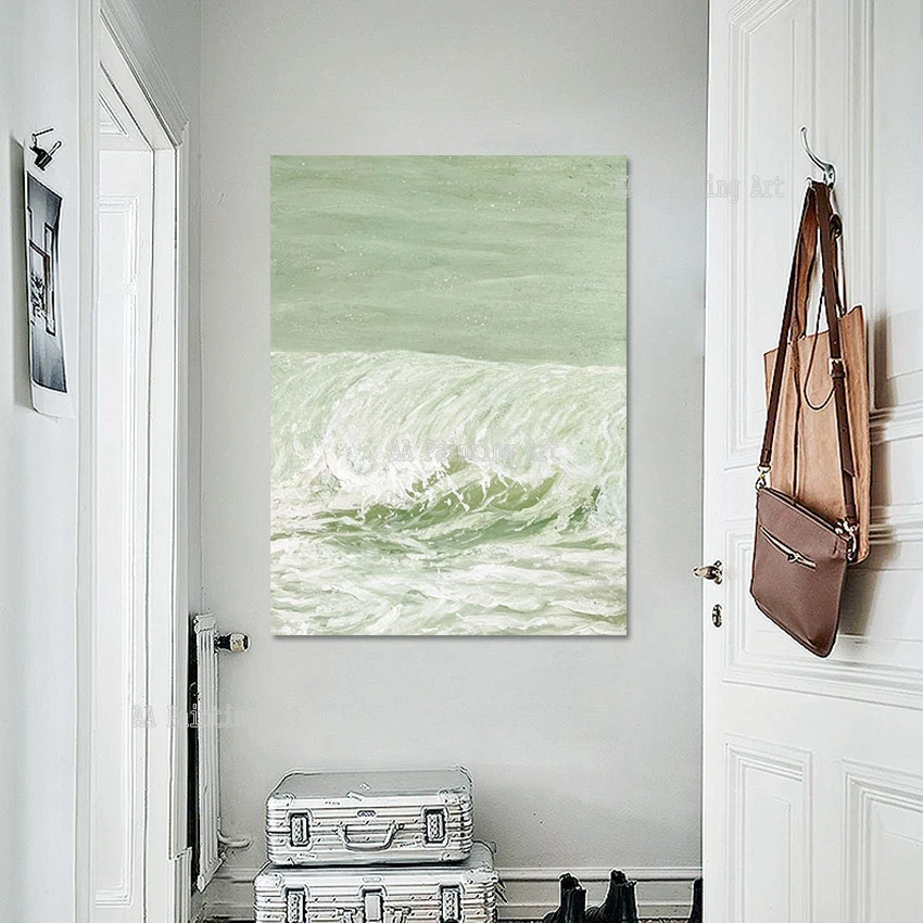 

Простая зеленая Акриловая картина без рамы, Декор стен ручной работы, изображение морской волны, произведение искусства на холсте, украшение дома, в подарок