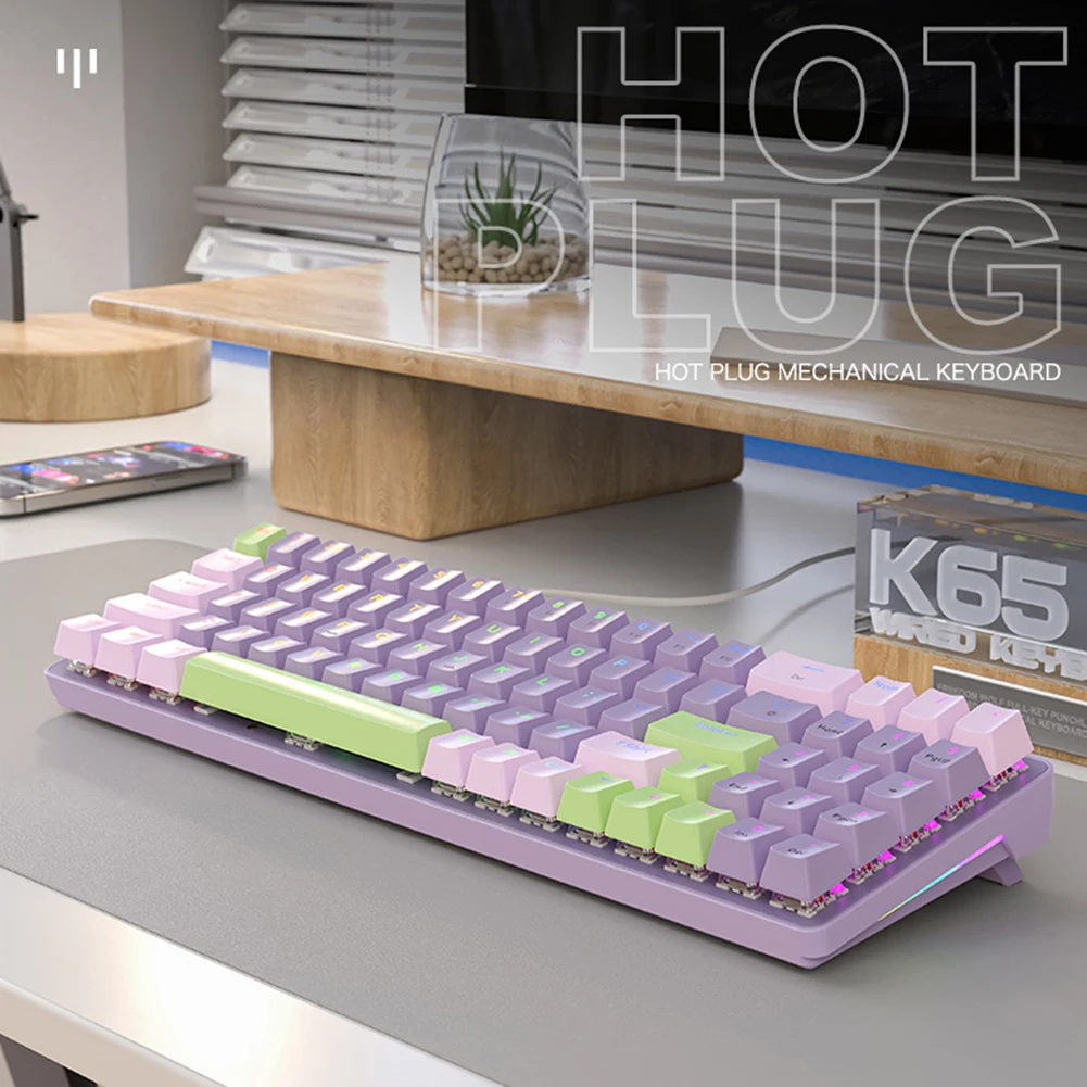 노트북 데스크탑 PC 게이머용 기계식 게이밍 키보드, 핫 스왑 가능 RGB 백라이트 키보드, USB 유선, 블루, 레드 스위치, K65