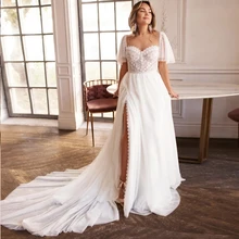 

Fivsole Lace Wedding Dresses Sweetheart Cap Sleeves Bridal Gown Chic Princess High Side Split Brides Dresses Vestido De Noche