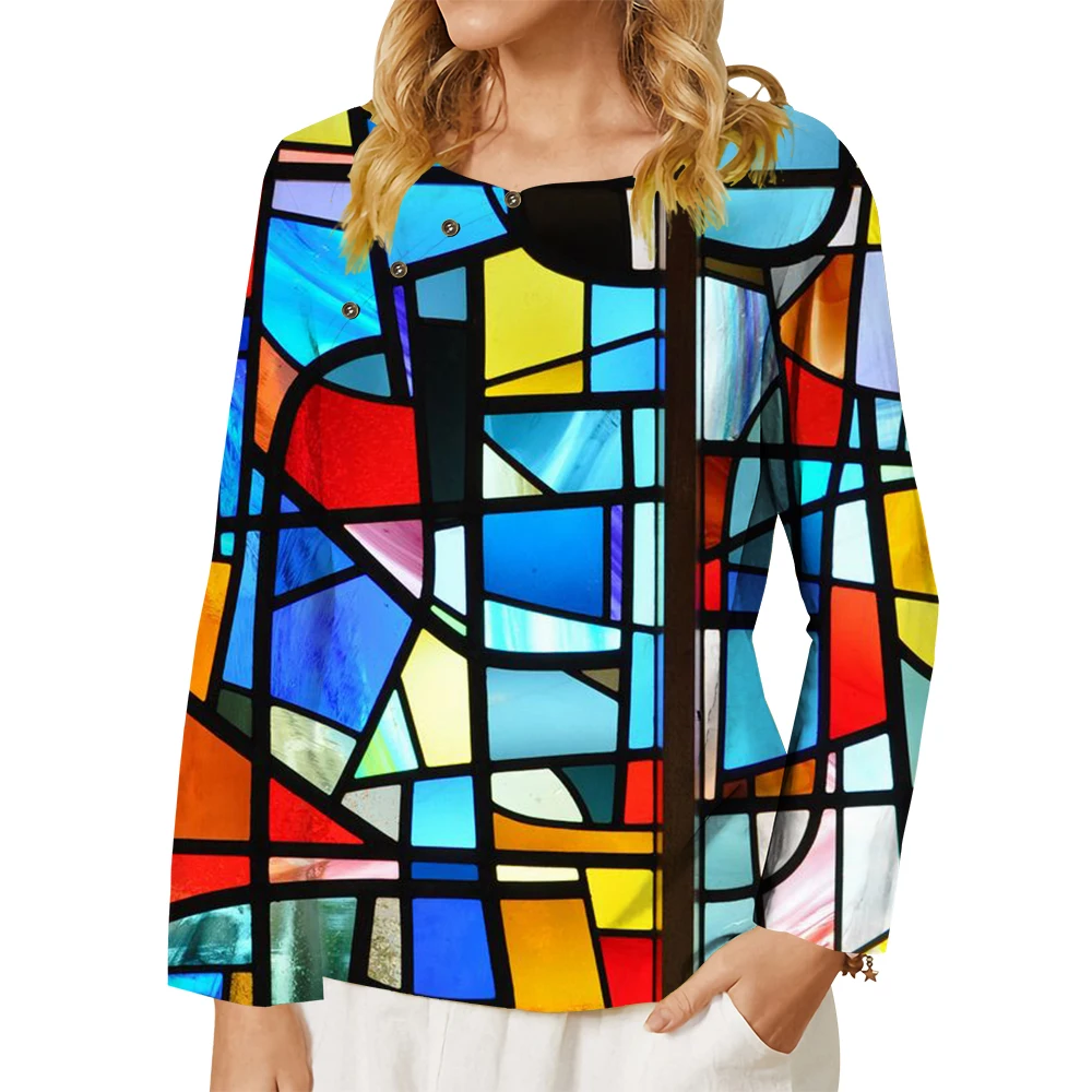 

CLOOCL Women's T-shirt Fashion Tops Colorful Moroccan Art Irregular Geometry Print Shirt Harajuku Long Sleeve Blouse Tees