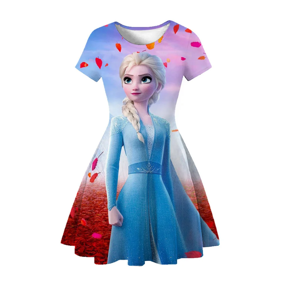 

Disney Frozen Girls Short Sleeve 3D Cartoon Print Elsa Anna Princess Dress 10 12 Years Kids Children's Clothing A-line Dresses