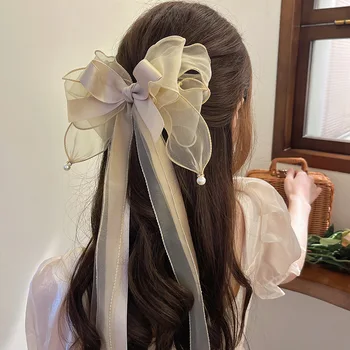 Fermaglio per capelli con fiocco in chiffon alla moda da donna grande ed elegante mollette per capelli per ragazze tinta unita clip per coda di cavallo accessori per capelli copricapo regalo
