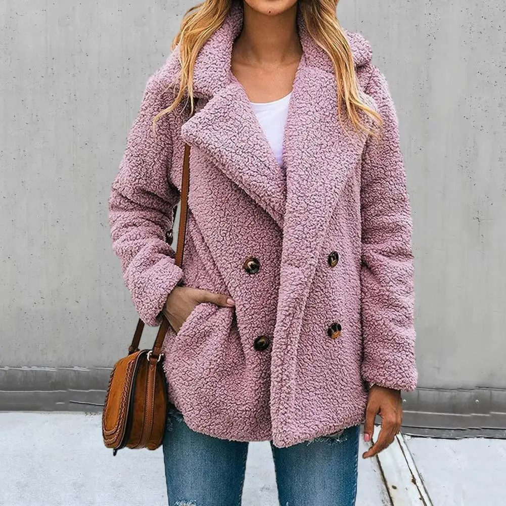 

Women Autumn Winter Overcoat Lapel Long Sleeve Double-Breasted Puffy Plush Coat Pockets Loose Fit Jacket