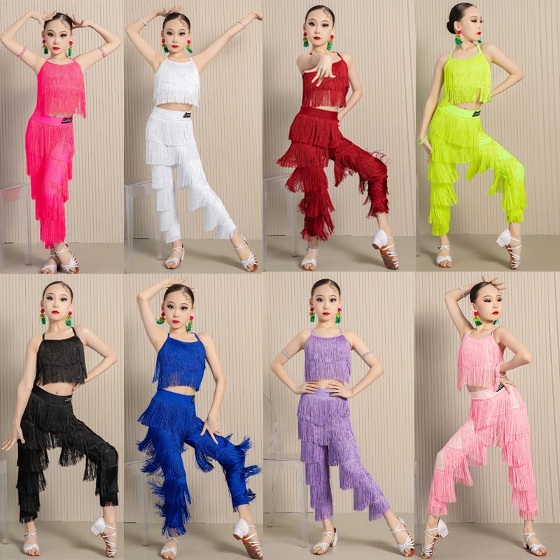

Many Colors Full Fringed Latin Dance Clothing Girls Tassels Top Pants Children'S Samba Chacha Salsa Latin Dance Costumes SL9914