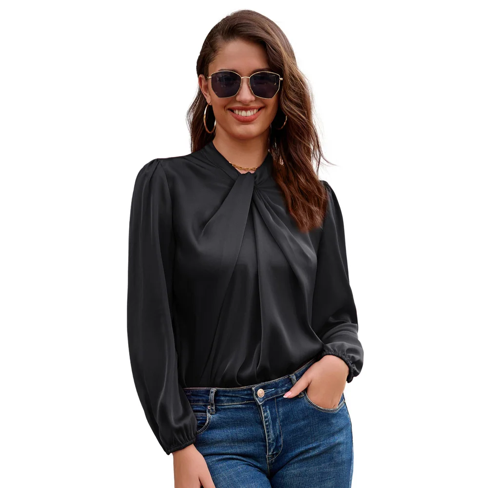 GK Women Office Lady Fashion Tops Knotted Neck Comfy Long Sleeve Keyhole Back Blouse Solid Cocktail Elegant Casual Pullover for independent station women s clothing new v neck striped shoulder strap knotted sleeveless dress