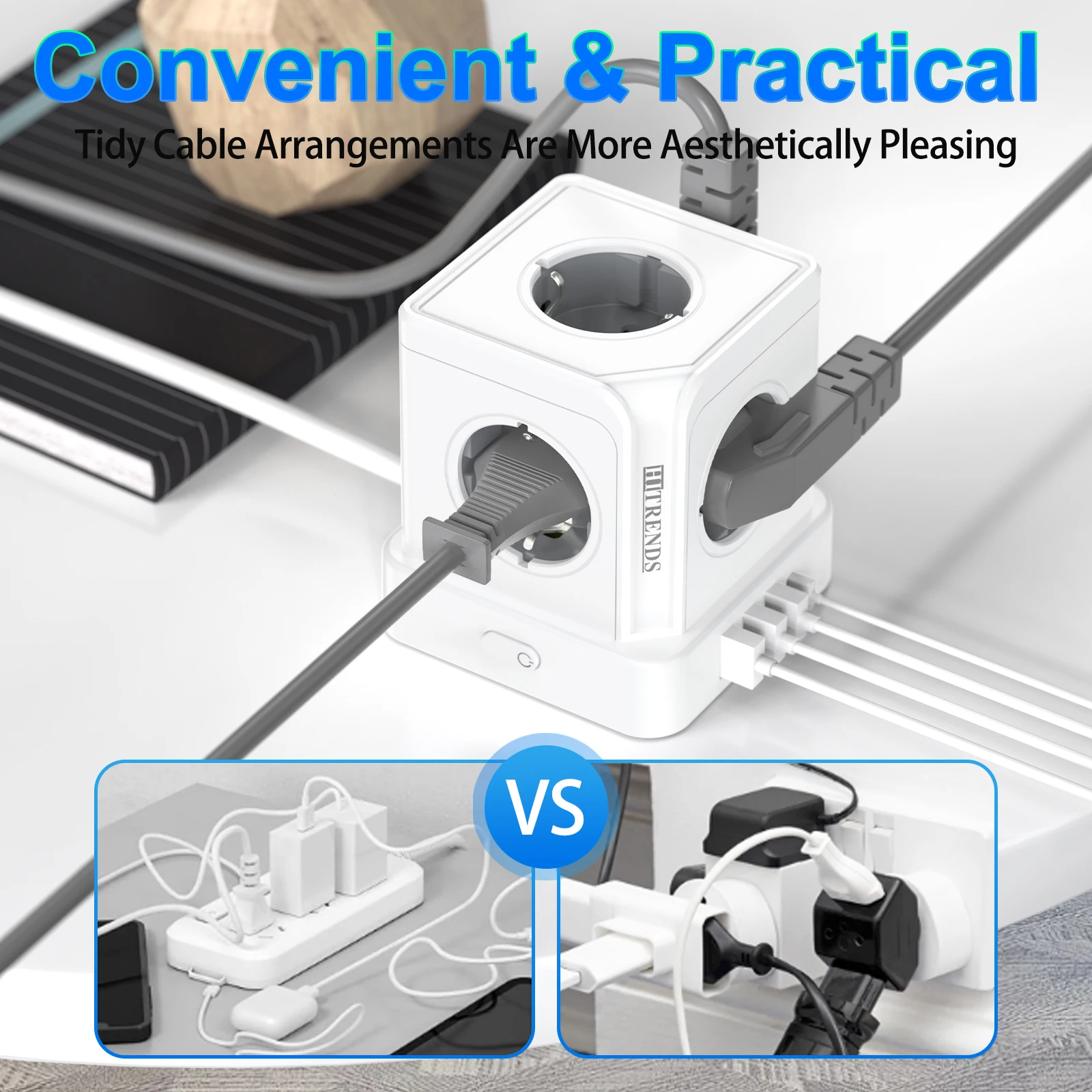 Enhanced Tower Power Socket with Surge Protection - Features 5 AC Outlets, 3 USB Ports, and 1 Type-C Port
