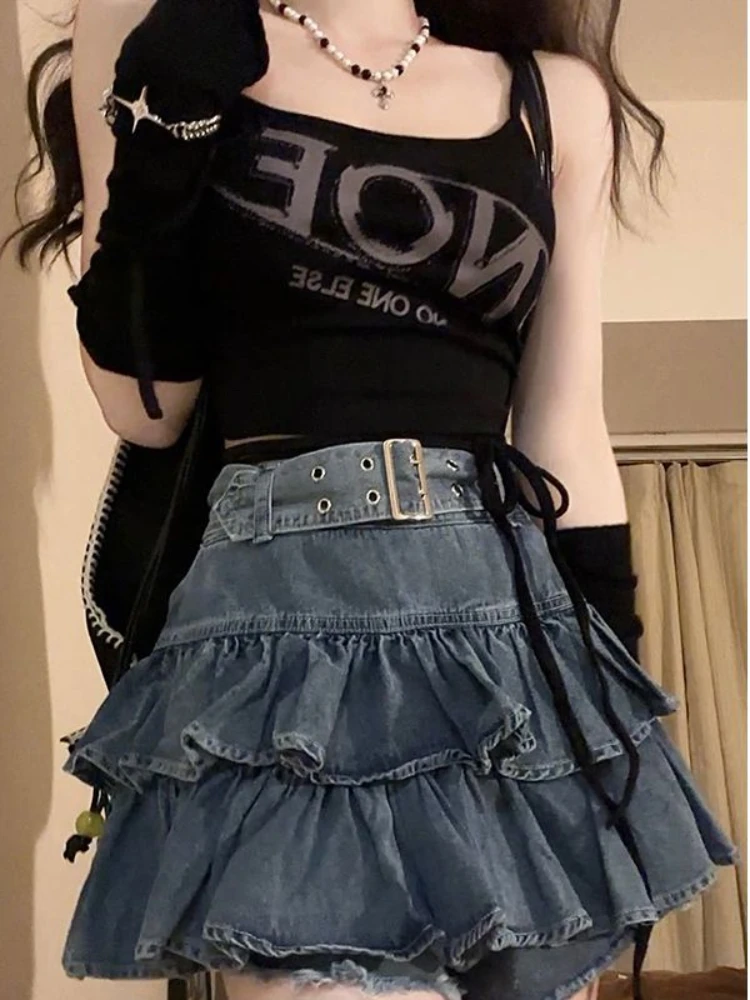 New Retro Hot Girl Ruffled Fake Two-piece High Waist Denim Skirt Female Y2K Summer New Design Sense Waist Cake Skirt Denim Skirt