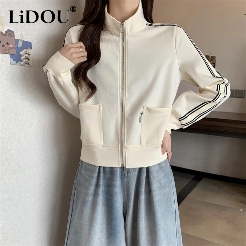 Spring Autumn Stand Collar Loose Casual Zipper Jacket Lady Long Sleeve Patchwork All-match Outwear Women Cardigan Sweatwear Top men clothing solid color sweatwear mens anti pilling knitted turtleneck sweater fit long sleeve high quality pullover