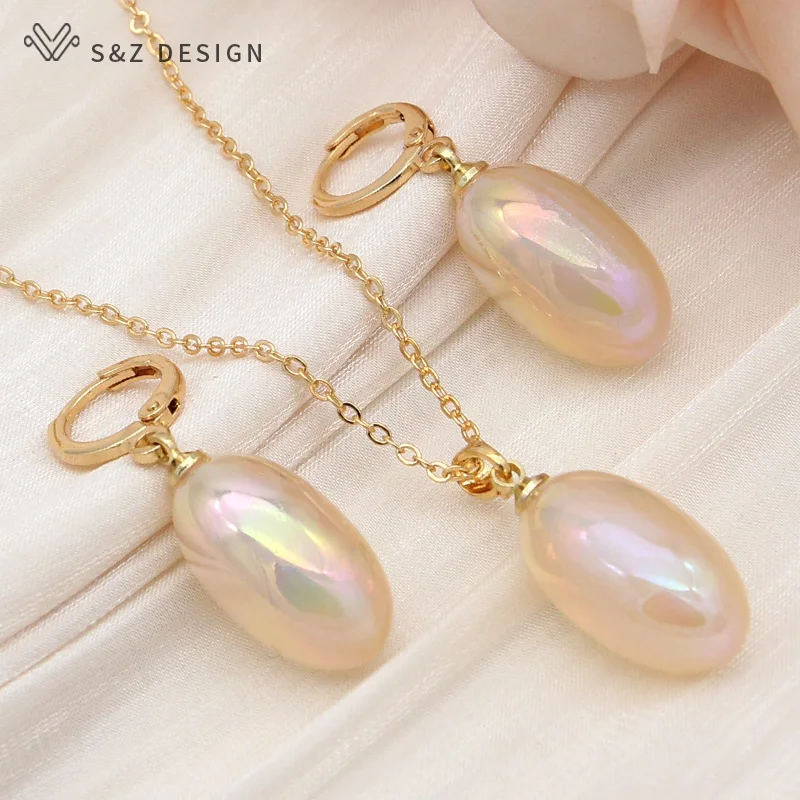 S&Z DESIGN New Fashion Luxury Egg Shape Colorful Oval Bead Drop Earrings Jewelry Sets For Women Wedding Pendant Necklace Gift