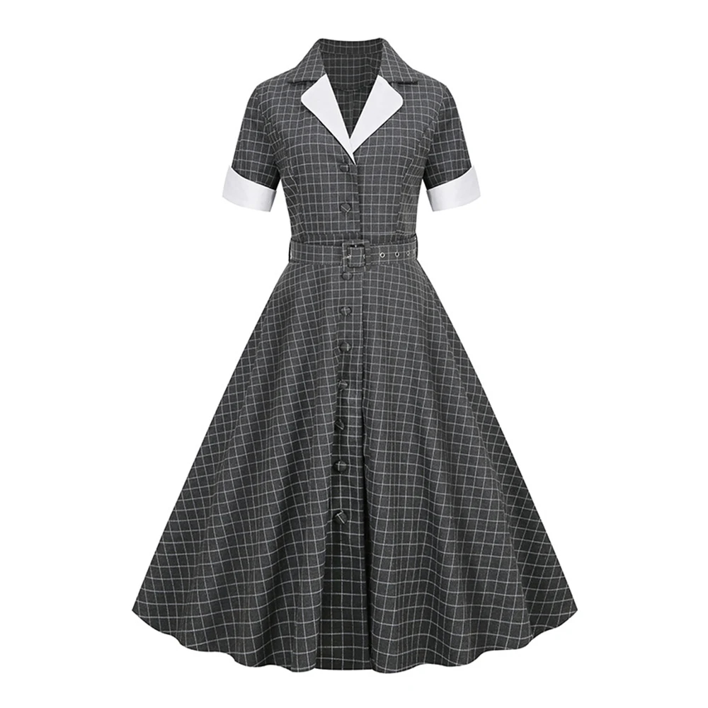 

Summer Women Turn Down Collar Gray Plaid 1950s Vintage Rockabilly Dress VD3570 Short Sleeve Single Breasted Dresses with Belted