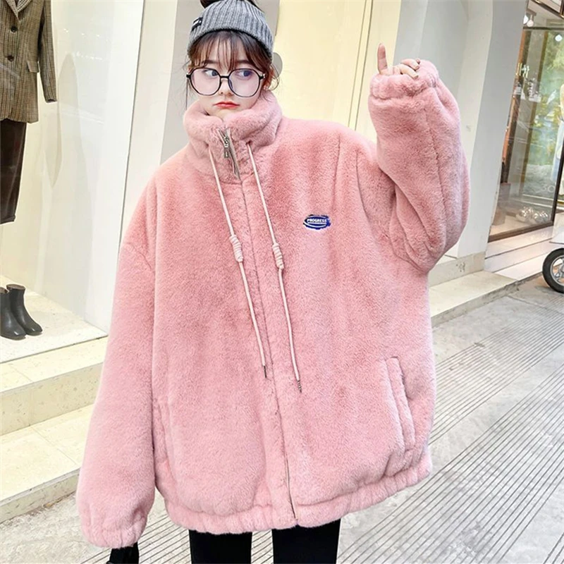 

Winter Fashion New Zipper Standing Neck Long Sleeve Loose Thickened Warm Imitation Rex Rabbit Fur Grass Coat Women's Trend