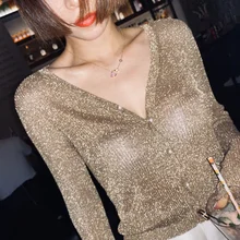 

2022New Gold Silver Glitter Knitted Cardigan With Pearl Button For Women Bright Silk Thin Sweater Coat Sexy V-Neck Knitwear Tops