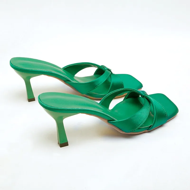 Woman Heels Slippers Sexy Elegant High Heel Shoes Outdoor Casual Pumps Open Toe Ladies Mules Women Shoes Green Red Women Sandals