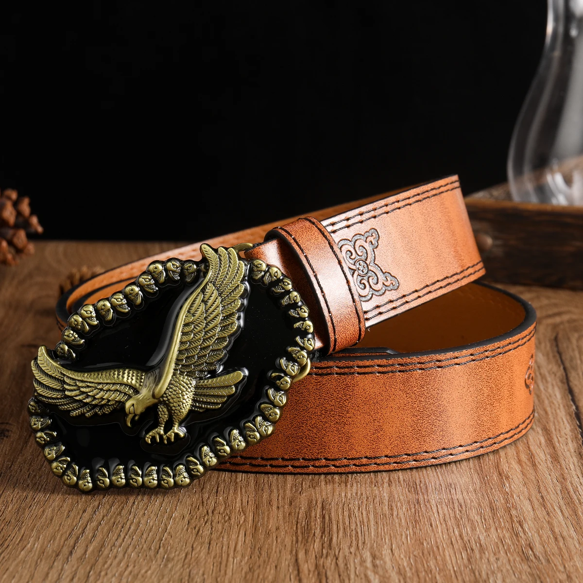 

Skull headed flying eagle3.7cm wide men's and women's Western bull head denim style bull scalprendy belt smooth buckle