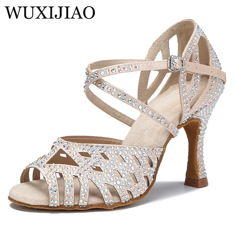 WUXIJIAO Rhinestone Satin Dance Shoes For Women Party Sandals Ballroom Latin Dance Red Soft Bottom Wedding