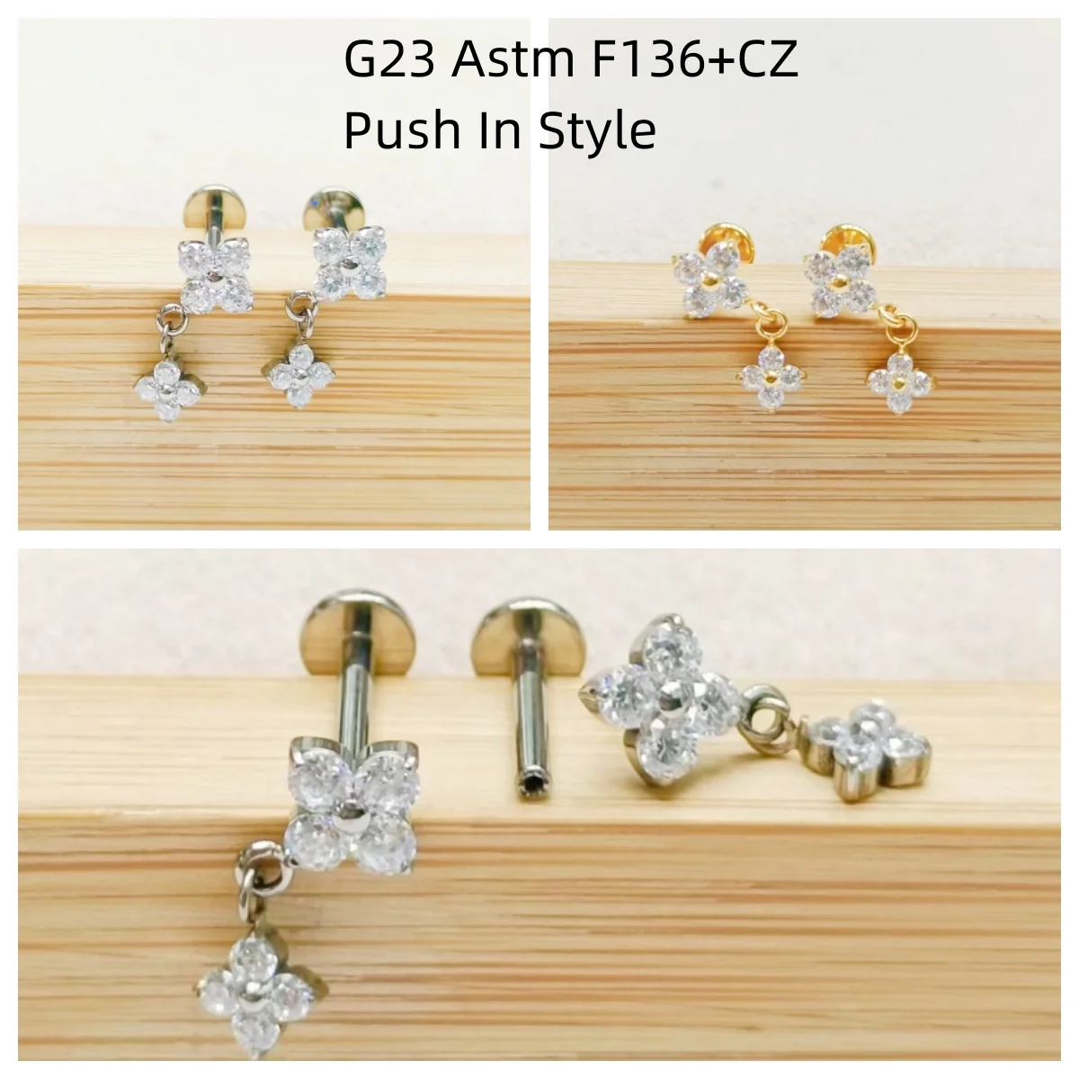 

10pcs Body Jewelry 16G All G23 Titanium Flower CZ Gem Push In Lip Labret Bar Ear Helix Tragus Rook Bar Body Piercing Jewelry New