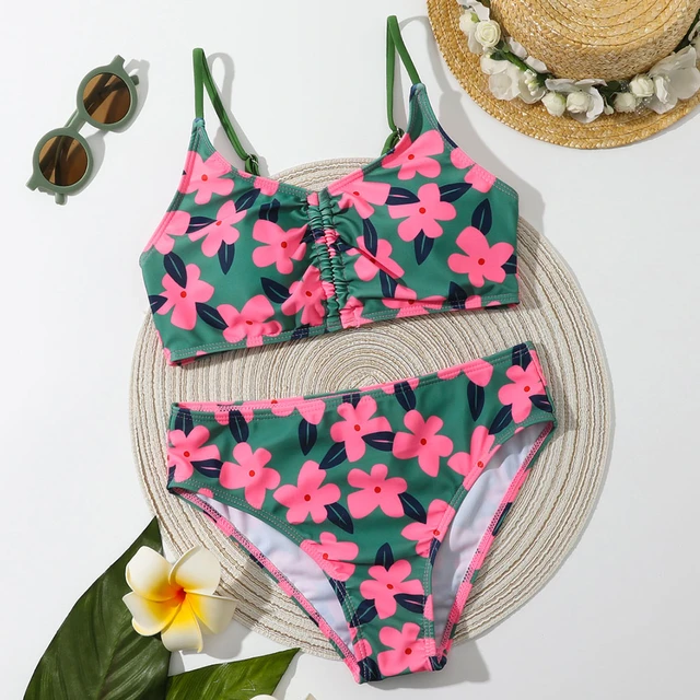 Floral Print Girls Swimsuit Kids Ruched Front Bikini Set 7-14 Years Two  Piece Children's Swimwear Padded Bathing Suit Beachwear - Two-piece Suits -  AliExpress