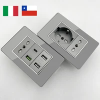 Grey Italy Chile USB Type C Smart Fast Charging Wall Socket Plugs Tempered Glass Schuko Light Switch Panel TV Sat Computer CAT6