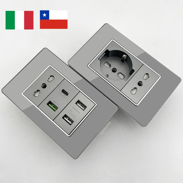 Grey Italy Chile USB Type C Smart Fast Charging Wall Socket Plugs Tempered Glass Schuko Light Switch Panel TV Sat Computer CAT6