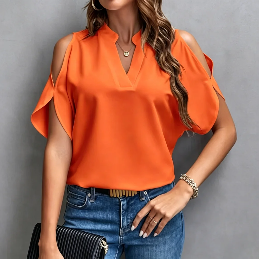 Elegantes Damen-Kurzarmshirt mit V-Ausschnitt – einfarbig, Reverskragen, lockerer europäisch-amerikanischer Stil, vielseitiges Oberteil