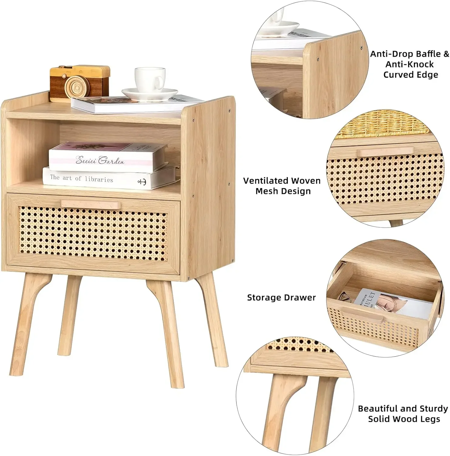 Rattan Nightstands Set of 2, Boho Side Table with Drawer Open Shelf, Cane Accent Bedside End Table with Solid Wood Legs 6