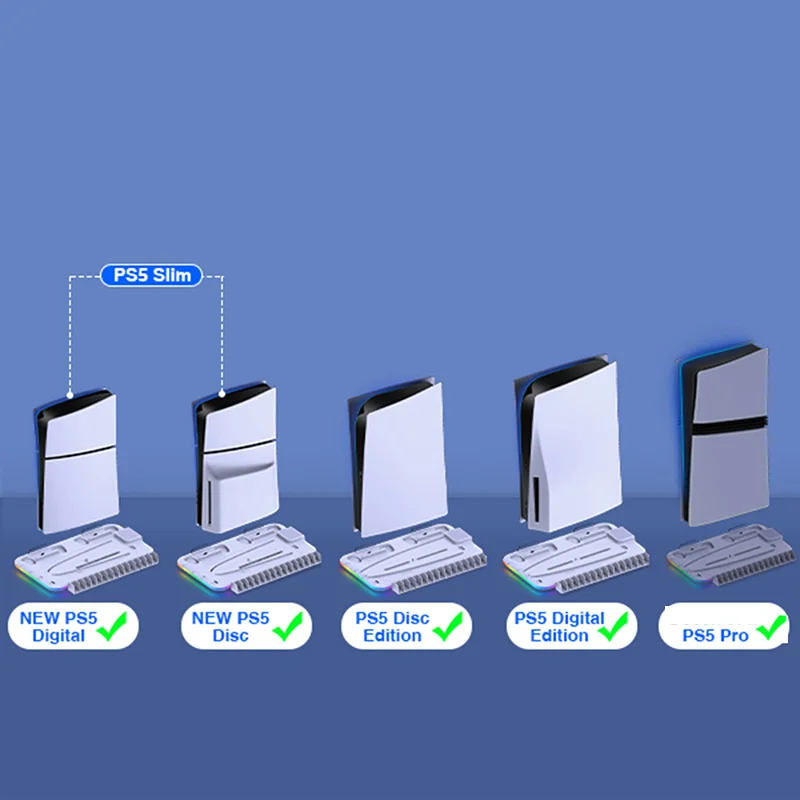 PS5 슬림 스탠드용 DinoFire 냉각 스탠드, PS5 프로 콘솔 디스크/디지털 RGB용 냉각 스테이션 컨트롤러 충전 스테이션 포함