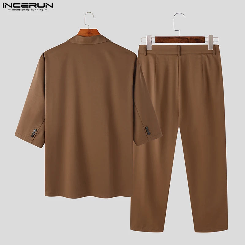 INCERUN 2023 Korean Style New Men's Short Sleeve Suits Long Pants Sets Fashion Casual Male Solid All-match Two Piece Sets S-5XL