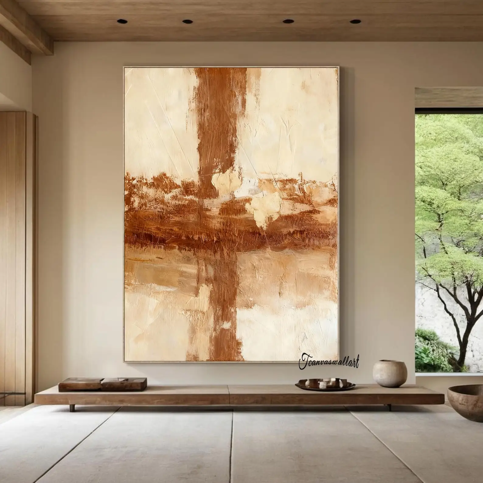 Mhemyo Large Neutral Brown Textured Wall Art Light Brown Abstract Wabi-Sabi Style Canvas Hand Painted Painting Modern Home Decor 1