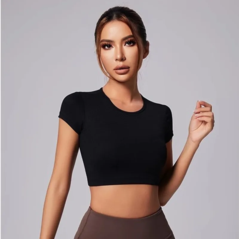 YUSHUHUA New Weave Backless Cropped Yoga Top Short Sleeve Round Neck Sport Shirt Padded Gym Women Breathable Run Fitness Tshirt