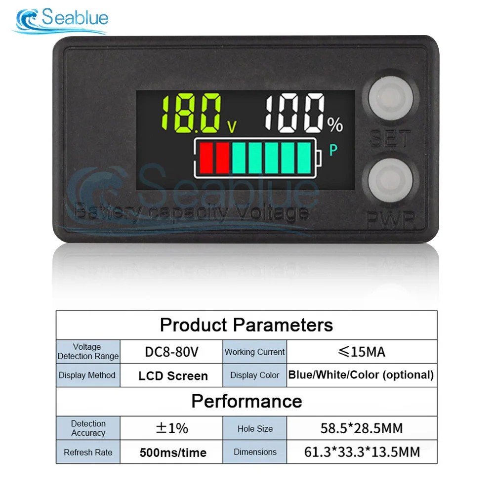 1Pc 6133A LCD Battery Capacity Indicator Temperature DC 8V-100V Waterproof Optional Lead Acid Lithium LiFePO4 Voltmeter Gauge